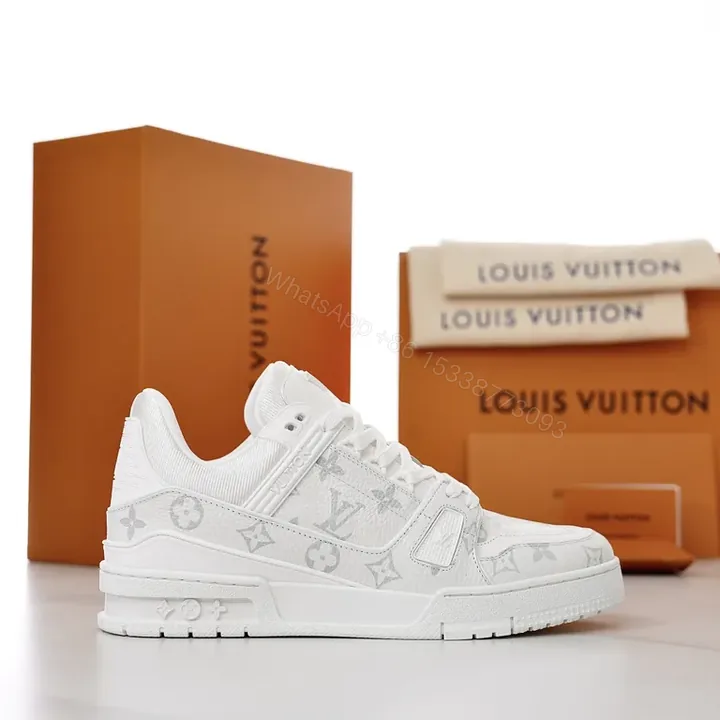 View 1 of White Leather LV-Inspired Luxury Sneakers, All-Day Comfort