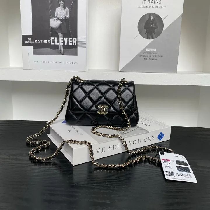 View 1 of Quilted Leather Shoulder Bag: Gold Chain, Compact Glam