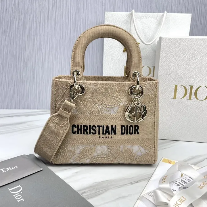 View 1 of Beige Lace-Textured Mini Bag with Monogram, Luxury Chic