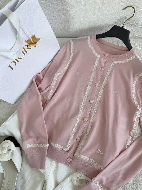 View 1 of Soft Pink Lace Trim Cardigan Knit with Embossed Eyelets (Dior-inspired)