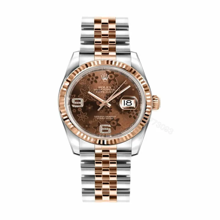 View 1 of Rolex Datejust 116231-0105 Super Clone : Everose Rolesor Fluted Bezel Chocolate Floral Dial 36mm