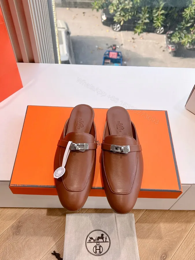 View 1 of Hermes Women Brown Leather Slip On Mules