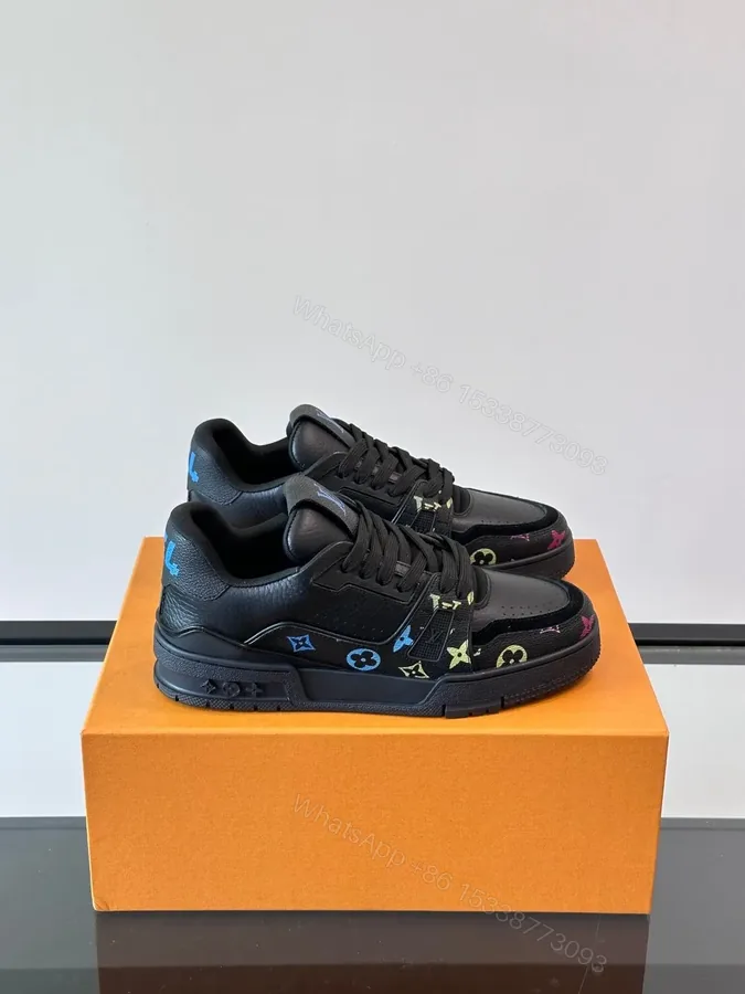View 1 of LV Men Black Leather Sneakers With Multicolor Accents