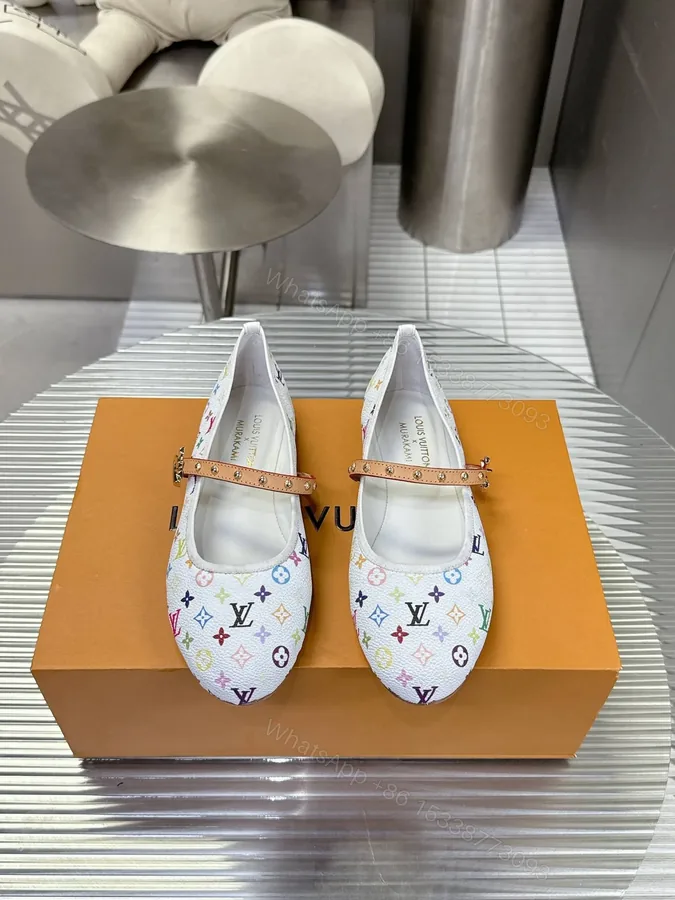 View 1 of LV Women White Canvas Multicolor Print Leather Strap Flats