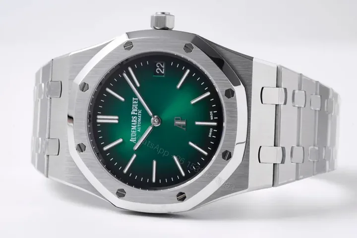 View 1 of TWA Factory Audemars Piguet Royal Oak 15202 Stainless Steel Watch with Green Dial and Petite Tapisserie Pattern