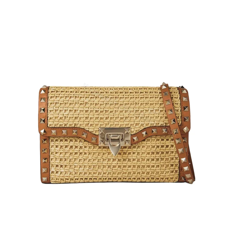 View 1 of VALENTINO GARAVANI ROCKSTUD SMALL RAFFIA SHOULDER BAG NATURAL 22CM