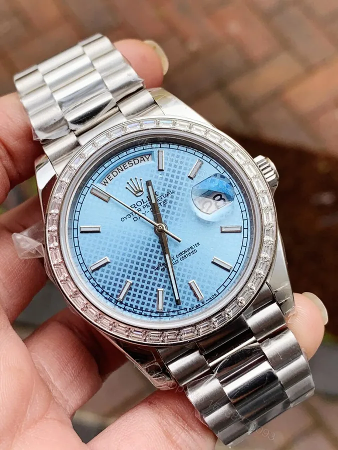 View 1 of SS Factory 1:1 Rolex Day Date II Best Edition BAGUETTE DIAMONDS Bezel Ice Blue Dial Crystal Markers A3255