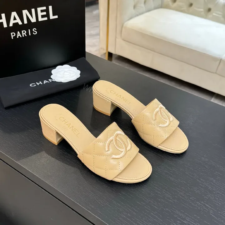 View 1 of Quilted Nude Slide with Logo Accent, Mid-Heel, Luxe Style
