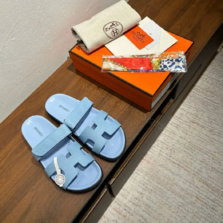 View 1 of Light-Tide Blue Leather Slide Sandals, Modern Cutout Comfort