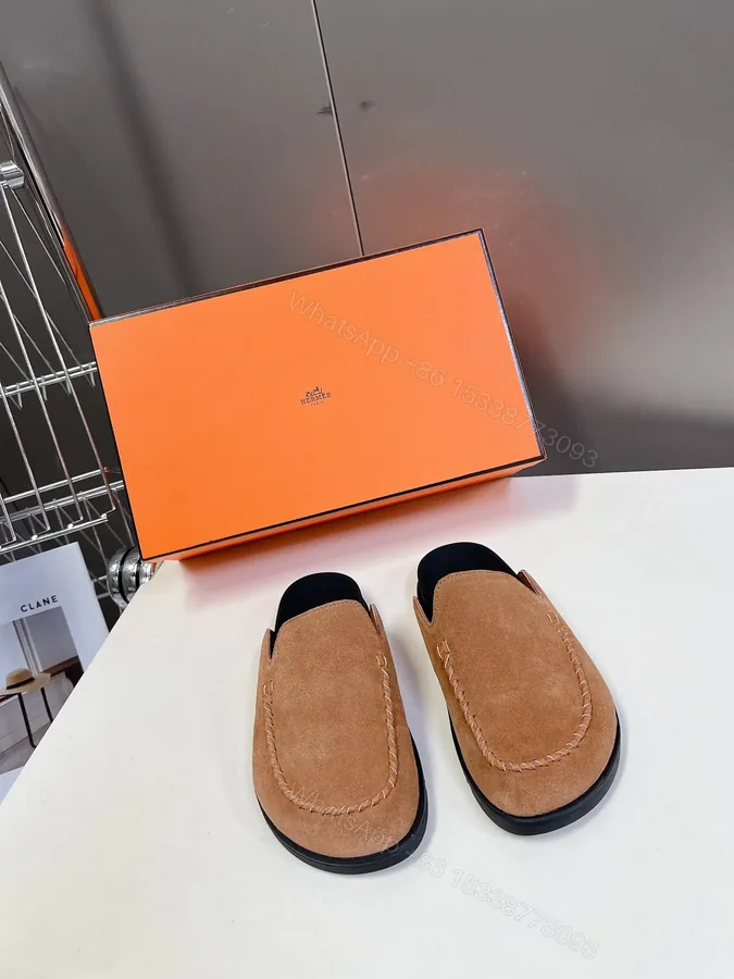 View 1 of Hermes Women Tan Suede Slippers
