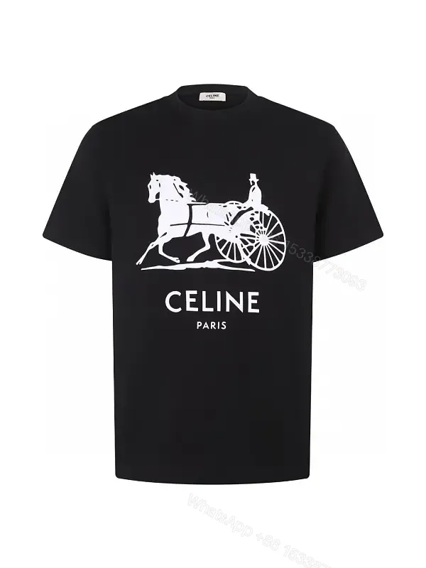 View 1 of Black Cotton Tee Crew Neck with White Horse Carriage Print CELINE PARIS T-shirt