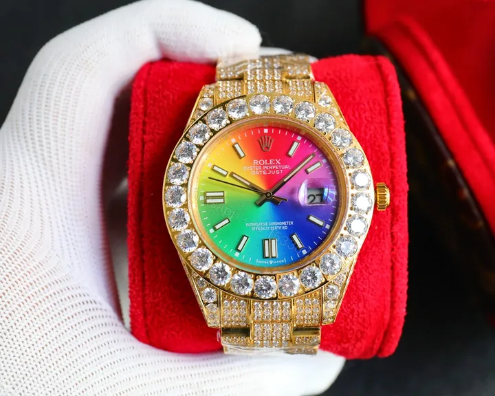 View 1 of Rolex Day-Date Rainbow Iced Replica 42MM Premium Full Gold Bracelet Rainbow Dial Edition ROLEX-DD-RAINBOW-ICED-FULL-GOLD-42