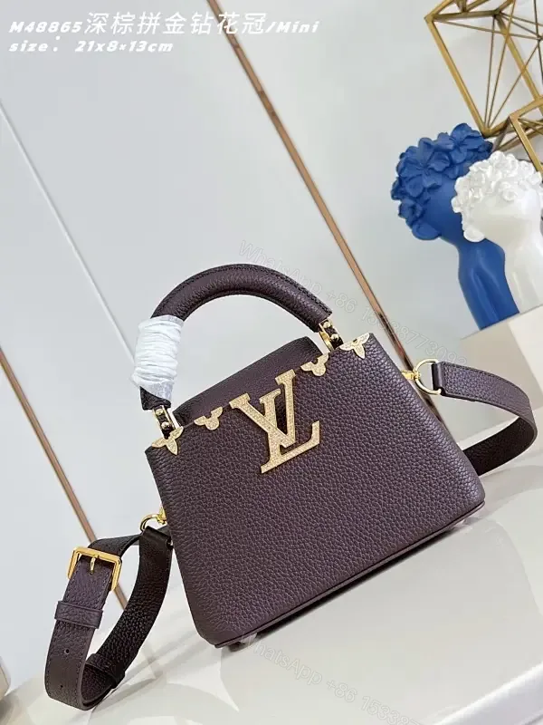 View 1 of Compact Pebbled Leather Handbag with Gold Hardware, Brown, Crossbody/Top Handle