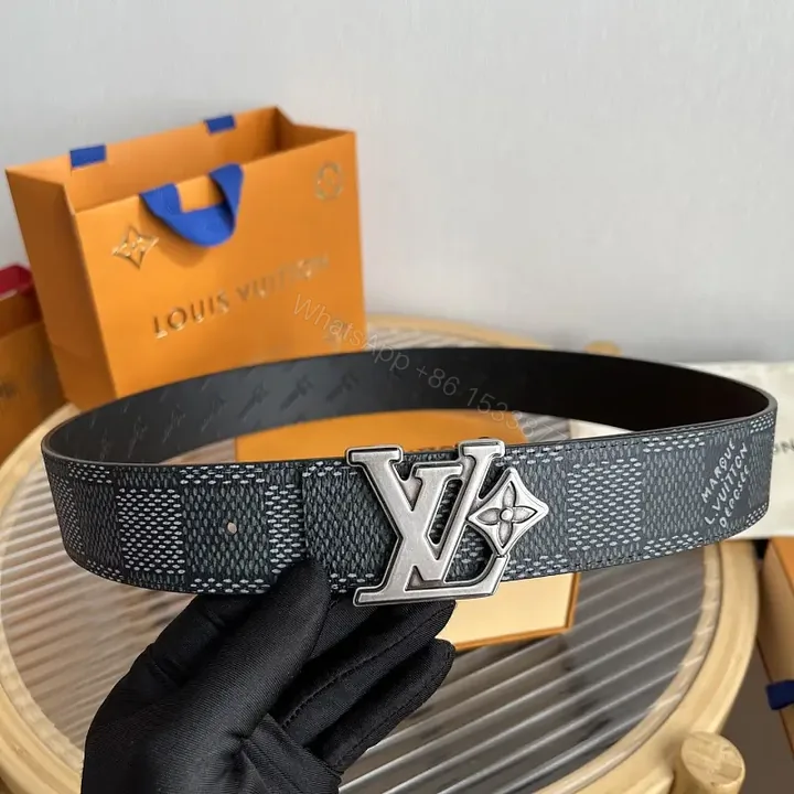 View 1 of Dark Gray Belt with Silver LV Buckle and Monogram Pattern