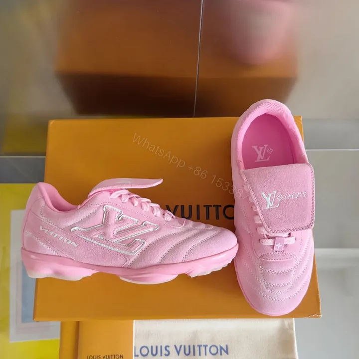 View 1 of Soft Pink Suede Luxe Sneakers with LV Detailing, High‐Top Comfort