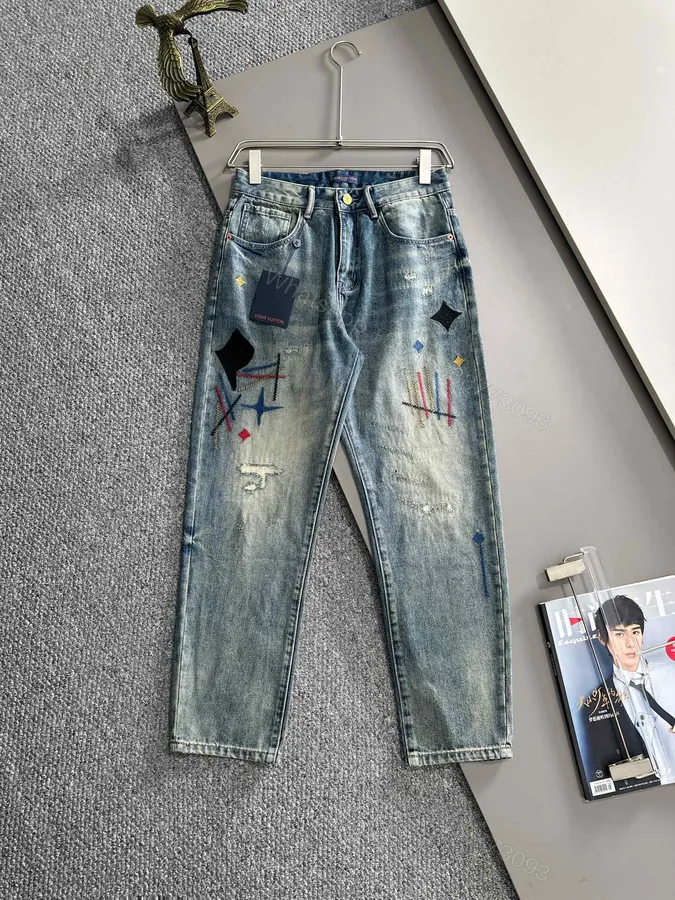 View 1 of LV A貨男士牛仔褲彩色刺繡做舊街頭潮流款