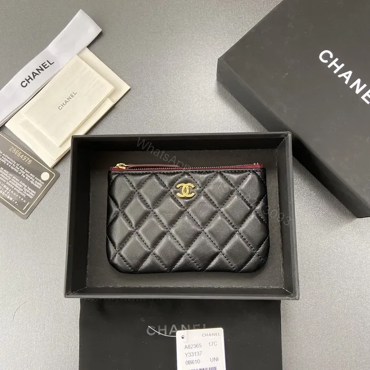 View 1 of Quilted Black Card Holder: Gold Logo, Compact Luxury