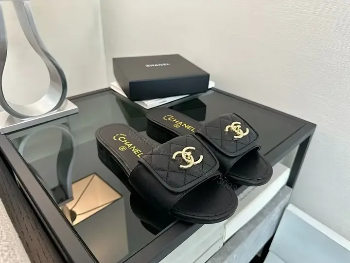 View 1 of Quilted Quinn Slides: Black + Gold Logo, Ultra-Comfort Slide