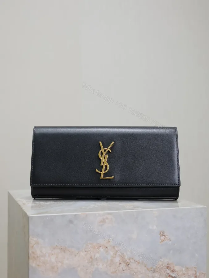View 1 of Compact Leather Wallet Clutch with Monogram Accent