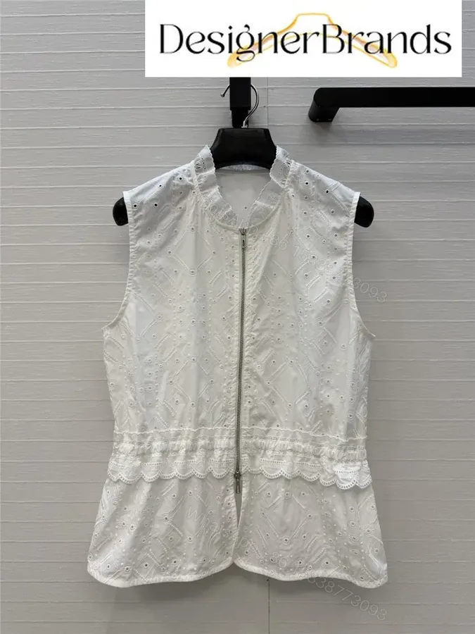 View 1 of Hermes White Lace-Embroidered Sleeveless Zip-Up Top