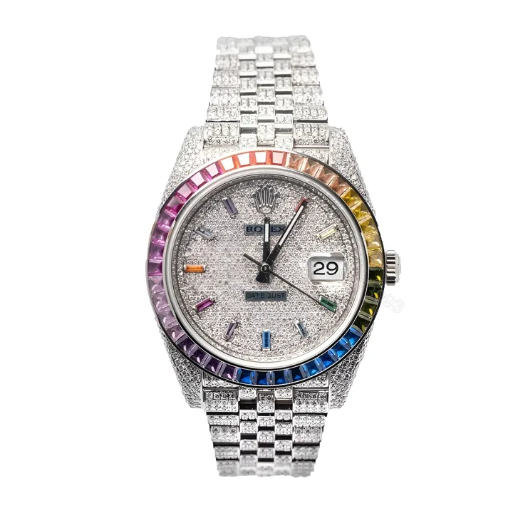 View 1 of Rolex Datejust 126300 Iced Out Rainbow Replica