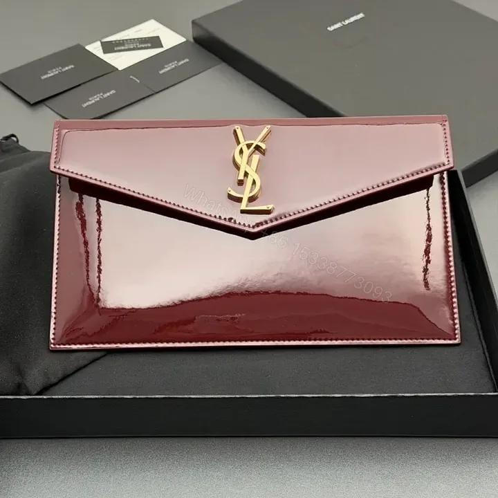View 1 of Magenta Patent Envelope Clutch with Gold Monogram - Luxe Style