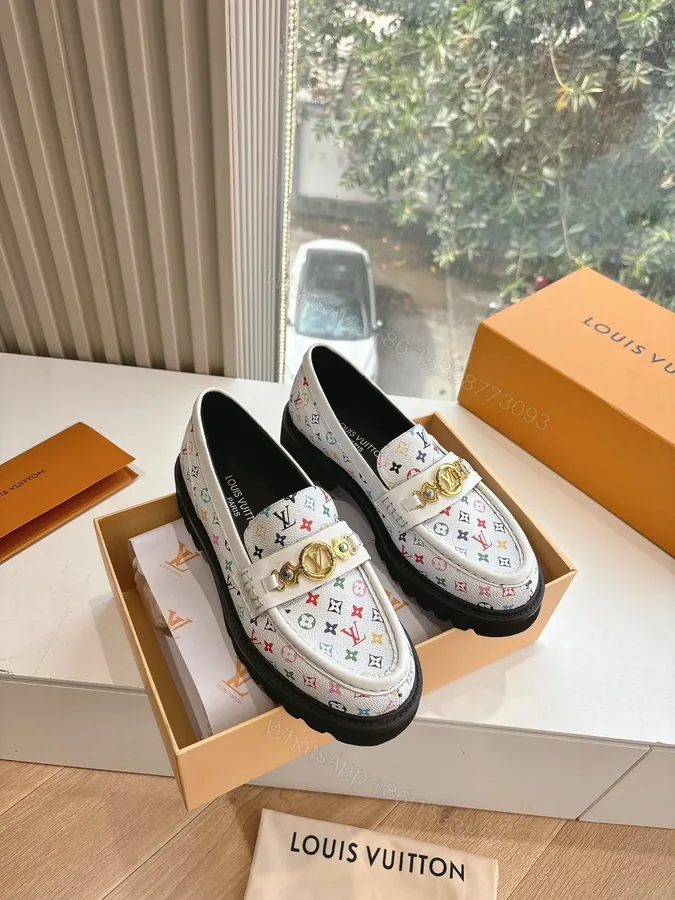 View 1 of LV Women White Patterned Leather Loafers