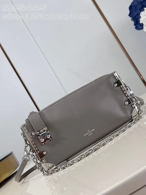 View 1 of Grey Leather Boxy Satchel, Silver Chain, LV Logo, Top Zip Bag