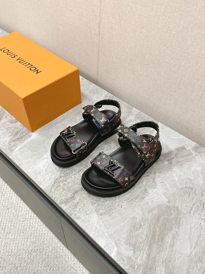 View 1 of LV Women Black Multi Leather Strap Sandals