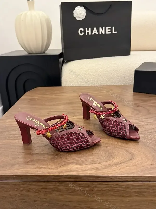 View 1 of Pink Leather Mesh Heeled Mules with Embellished Strap Product Type: Heels