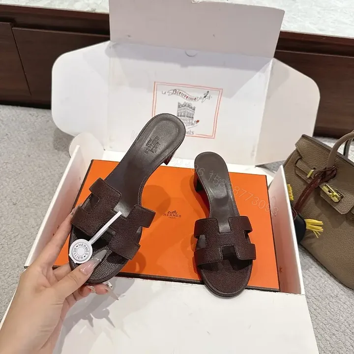 View 1 of Brown Leather H-Style Sandals - Hermes-Inspired Slide Sandals