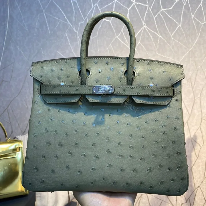 View 1 of HN 30CM KHAKI OSTRICH LEATHER SILVER HARDWARE