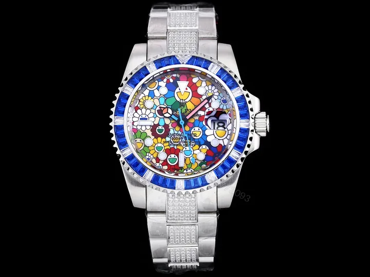 View 1 of Rolex Submariner Colorful Blue Bezel Replica 42MM Premium Pavé Oyster Bracelet RG-ROLEX-SUB-COLORFUL-BLUE-42
