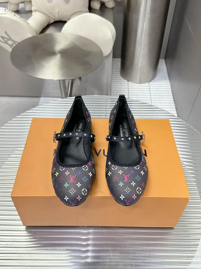 View 1 of LV Women Black Leather Multicolor Monogram Mary Jane Flats