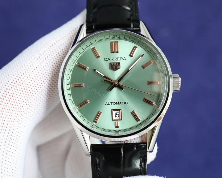 View 1 of TAG Heuer Carrera WBN2111 Automatic Turquoise Green Dial Watch 39MM Black Leather Strap Premium Edition TAG-CAR-WBN2111-TGR-BLK-39