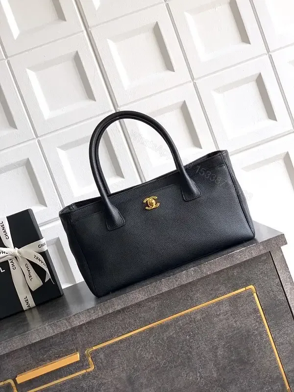 View 1 of Structured Black Leather Tote with Gold Closure Tote