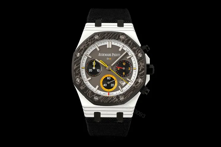 View 1 of Audemars Piguet Replica Royal Oak Chronograph 42MM Premium Carbon Bezel Black Strap Edition Audemars Piguet Replica Royal Oak Chronograph 42MM Premium Carbon Bezel White Strap Edition AP-RO-CB-BLK-42