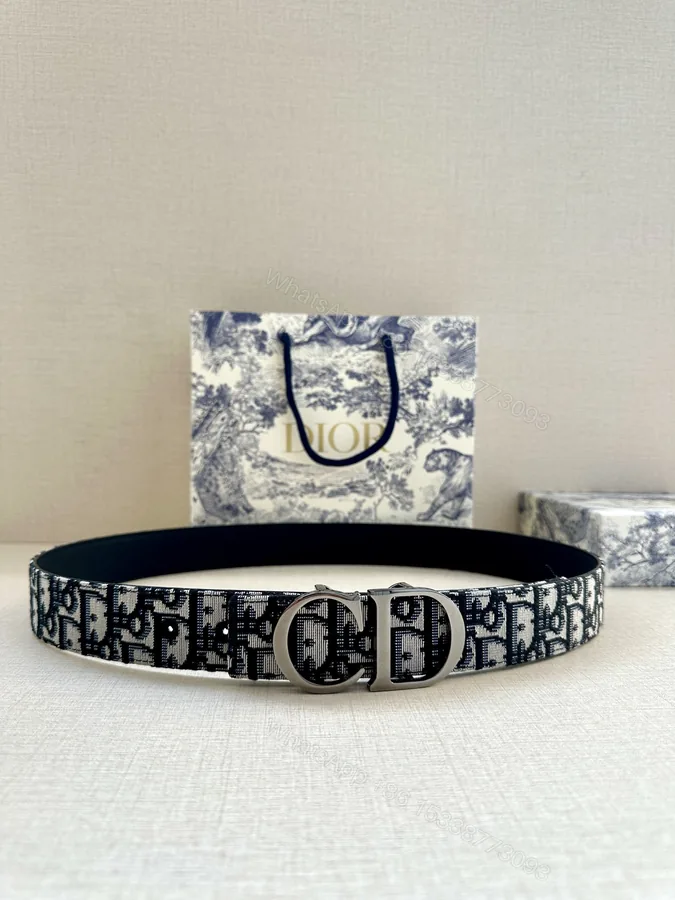 View 1 of Dior A貨 男款 CD Oblique老花帆布皮帶 灰色扣 精品百搭腰帶
