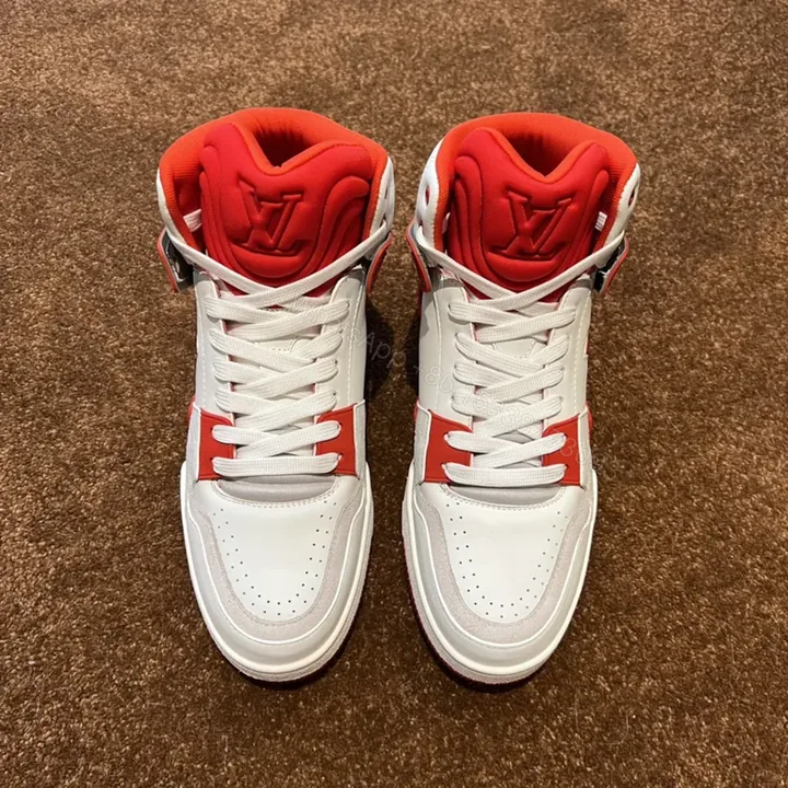 View 1 of Statement LV-Inspired White-Red Leather High-Tops, Designer-Edge Sneakers