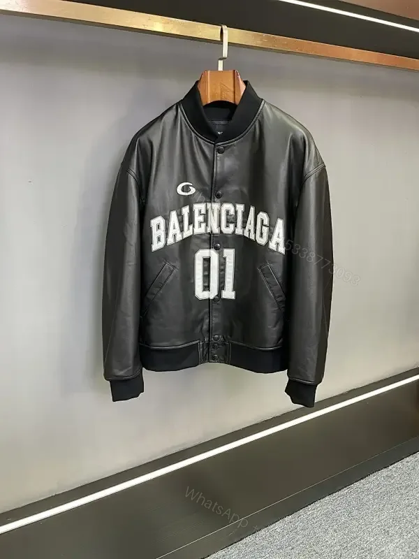 View 1 of Bold Leather-Backed Varsity Jacket with Script Detail