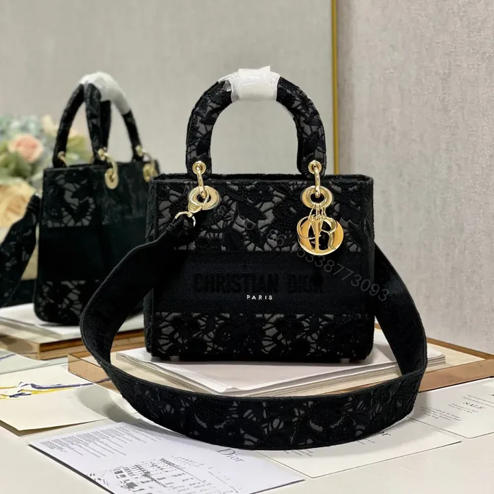 View 1 of Christian Dior Medium Lady D-Lite bag in black lace embroidery