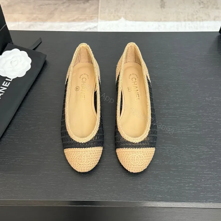 View 1 of Black knit + Linen beige + Chanel-inspired + Signature cap toe + Espadrille flats