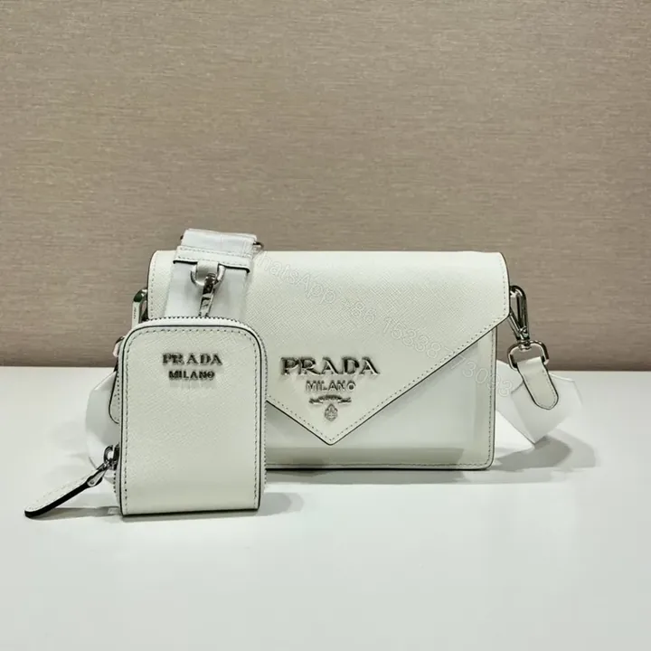 View 1 of White Prada Crossbody with Detachable Pouch - Luxe Saffiano Bag