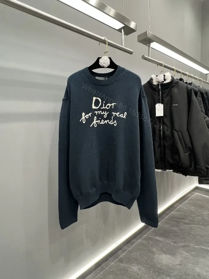 View 1 of Dark Navy Wool-Blend Knit Sweater: Relaxed Luxe, Dior-Style Script Key Feature