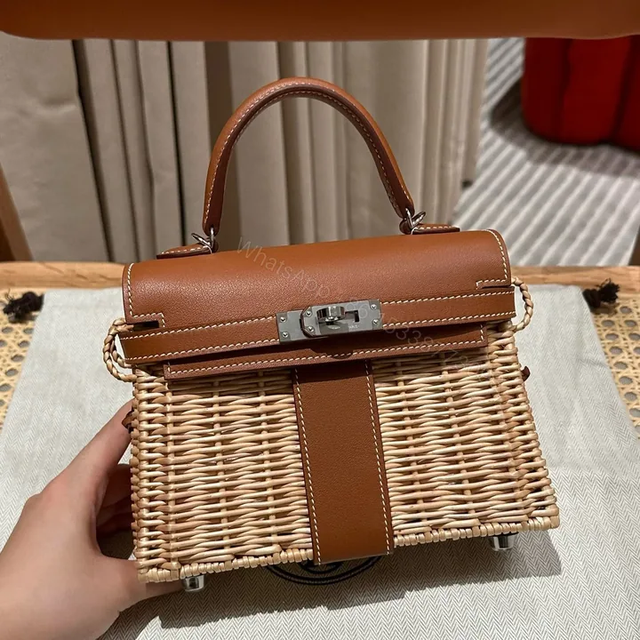 View 1 of HN PICNIC HANDBAG IN BROWN & NATURAL LEATHER AND WICKER SILVER HARDWARE