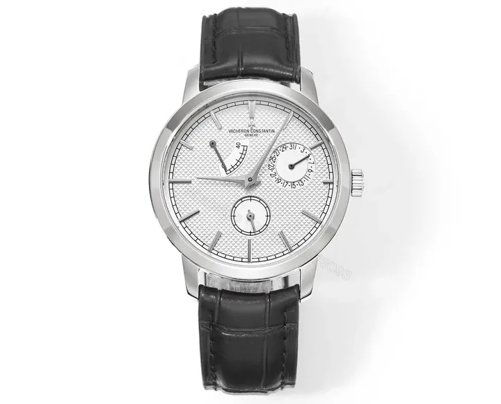 View 1 of GS Factory Vacheron Constantin Traditionnelle Mechanical Watch 83520/000R-9909 – Silver Dial, Black Leather Strap, 40mm Case, Power Reserve, Date, and Day Display