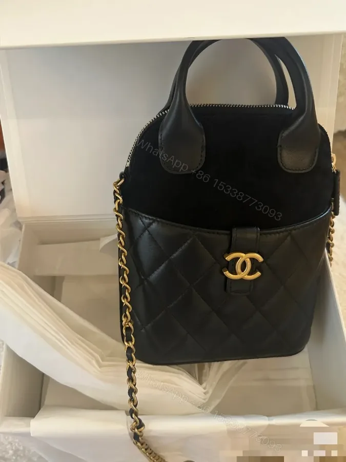 View 1 of Quilted Leather Mini Bag with Velvet Accents, Gold Chain