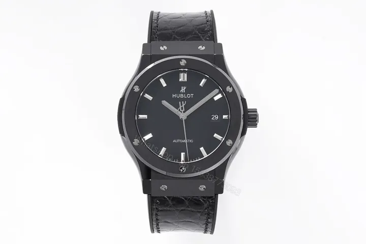 View 1 of Hublot Classic Fusion Black Ceramic Automatic Watch with H-Shaped Titanium Screws and Crocodile Leather Strap