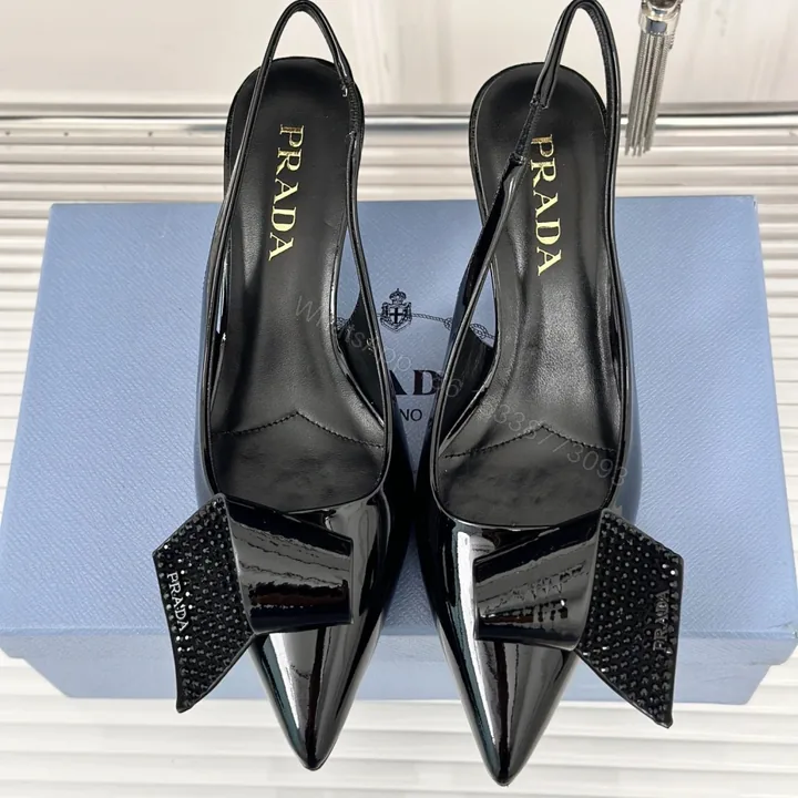 View 1 of 高仿Prada*1I345N水鑽蝴蝶結高踭鞋漆皮黑色5.5CM免檢版
