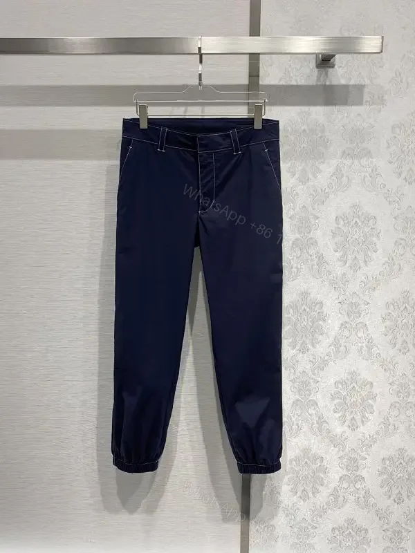 View 1 of Navy Linen+Stretch Ankle-Taper Pants with Elastic Cuffs